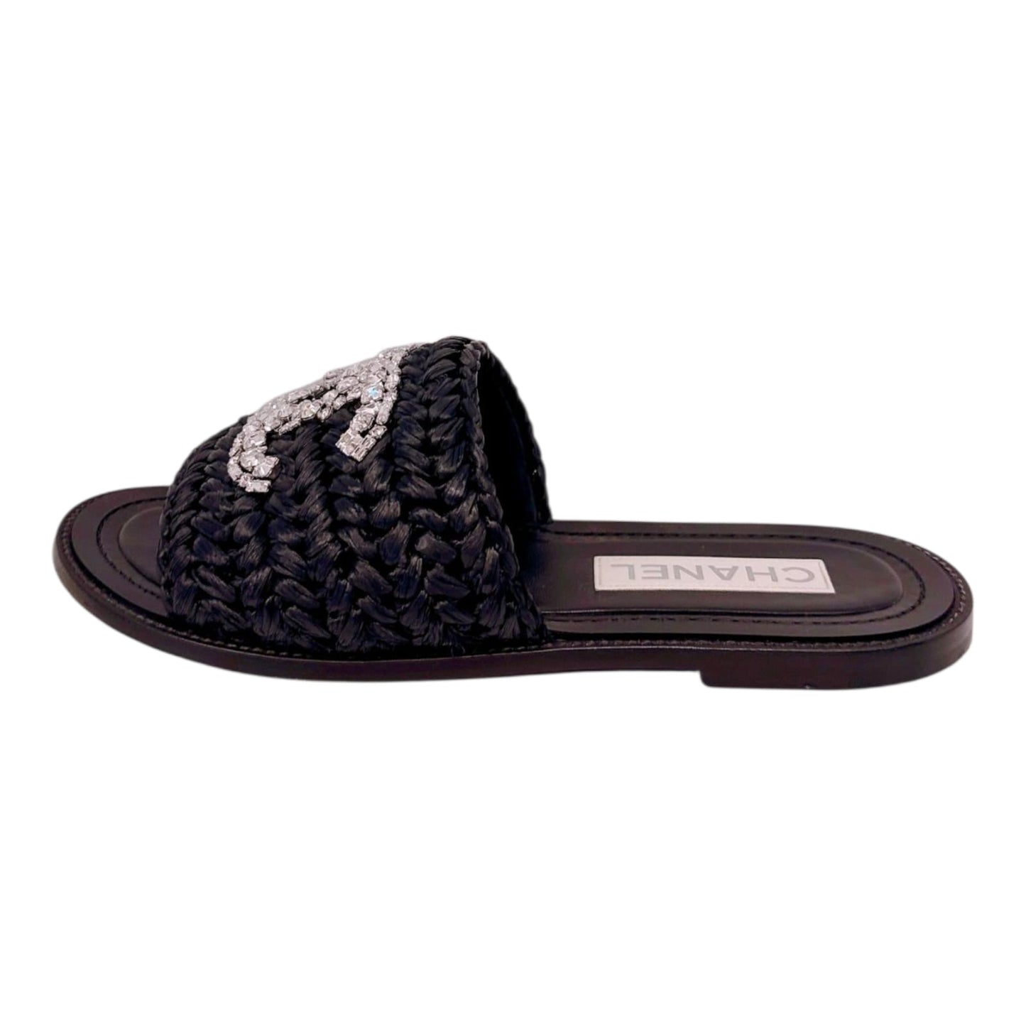 BLACK WOVEN RAFFIA CC CRYSTAL FLAT SANDALS 38.5C