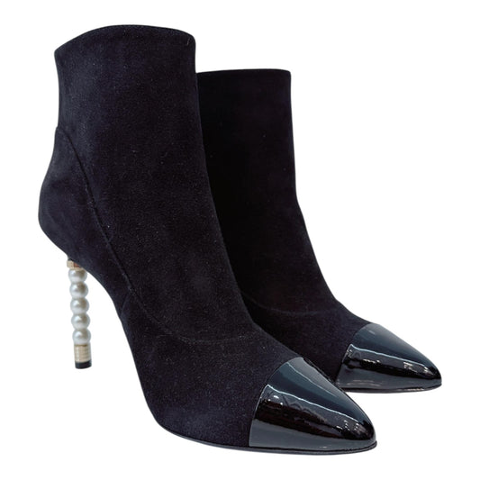 BLACK SUEDE & PATENT LEATHER  PEARL ANKLE BOOTS