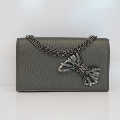 METALLIC DARK GRAY CC CRYSTAL BOW CHAIN EVENING BAG