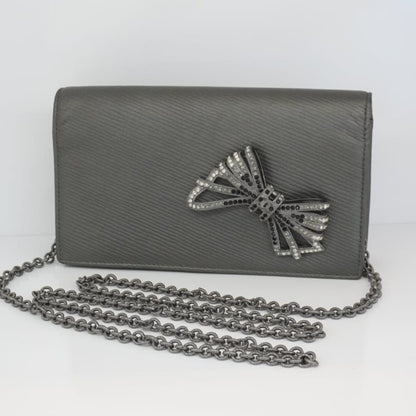 METALLIC DARK GRAY CC CRYSTAL BOW CHAIN EVENING BAG