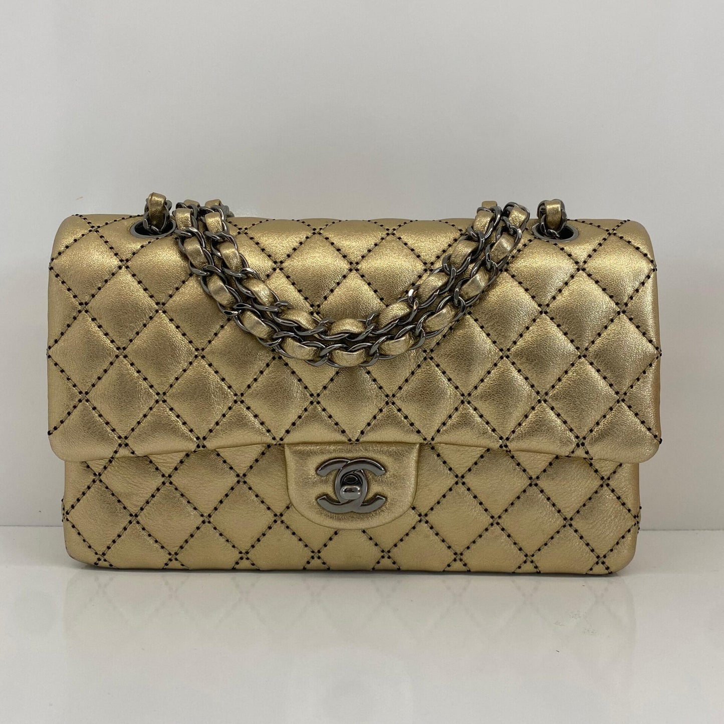 GOLD METALLIC CALFSKIN WILD STITCH SURPIQUE MEDIUM CLASSIC DOUBLE FLAP HANDBAG