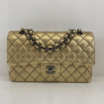 GOLD METALLIC CALFSKIN WILD STITCH SURPIQUE MEDIUM CLASSIC DOUBLE FLAP HANDBAG