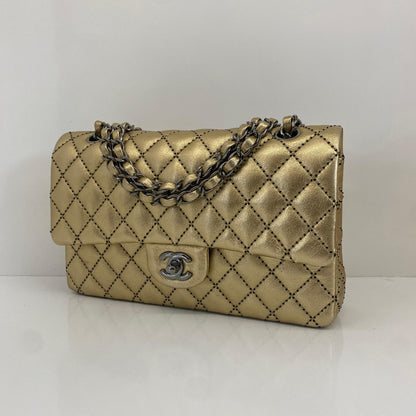 GOLD METALLIC CALFSKIN WILD STITCH SURPIQUE MEDIUM CLASSIC DOUBLE FLAP HANDBAG