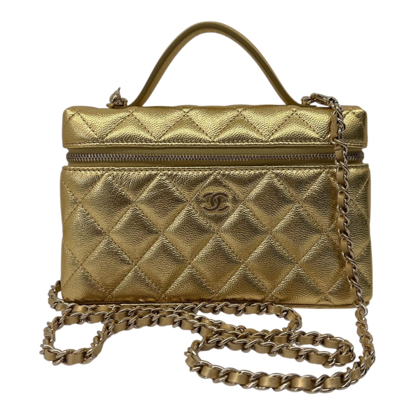 GOLD METALLIC GRAINED SHINY CALFSKIN AND GOLD TONE METAL CLASSIC VANITY WITH CHAIN