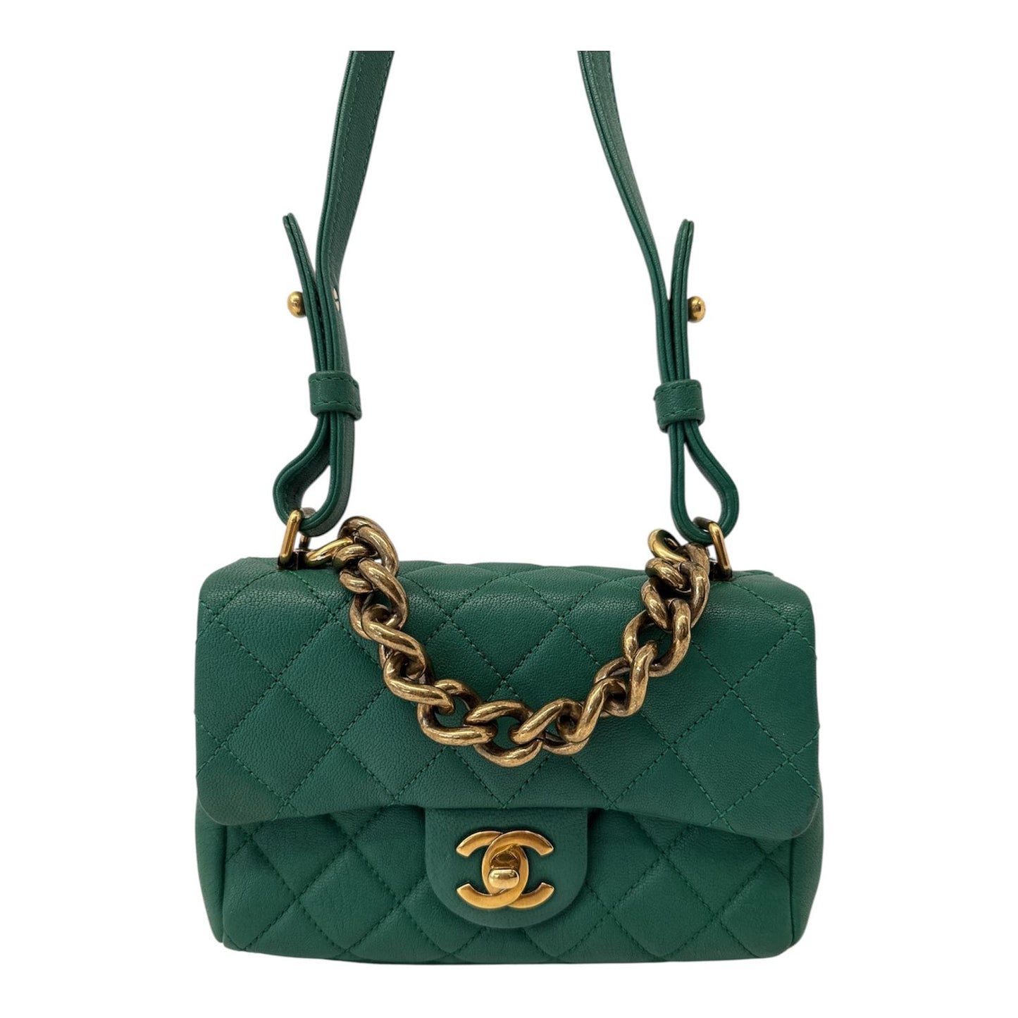 GREEN GOATSKIN TRAPEZIO TOP HANDLE MINI FLAP BAG AGED GOLD HARDWARE