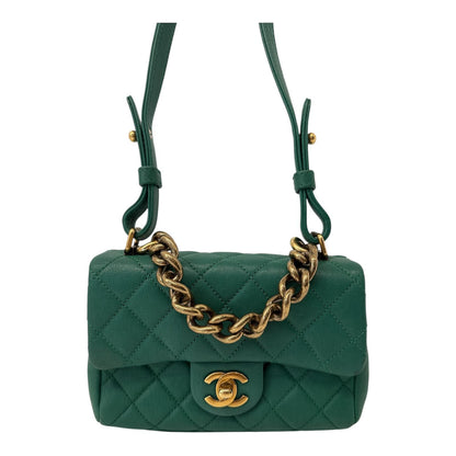 GREEN GOATSKIN TRAPEZIO TOP HANDLE MINI FLAP BAG AGED GOLD HARDWARE