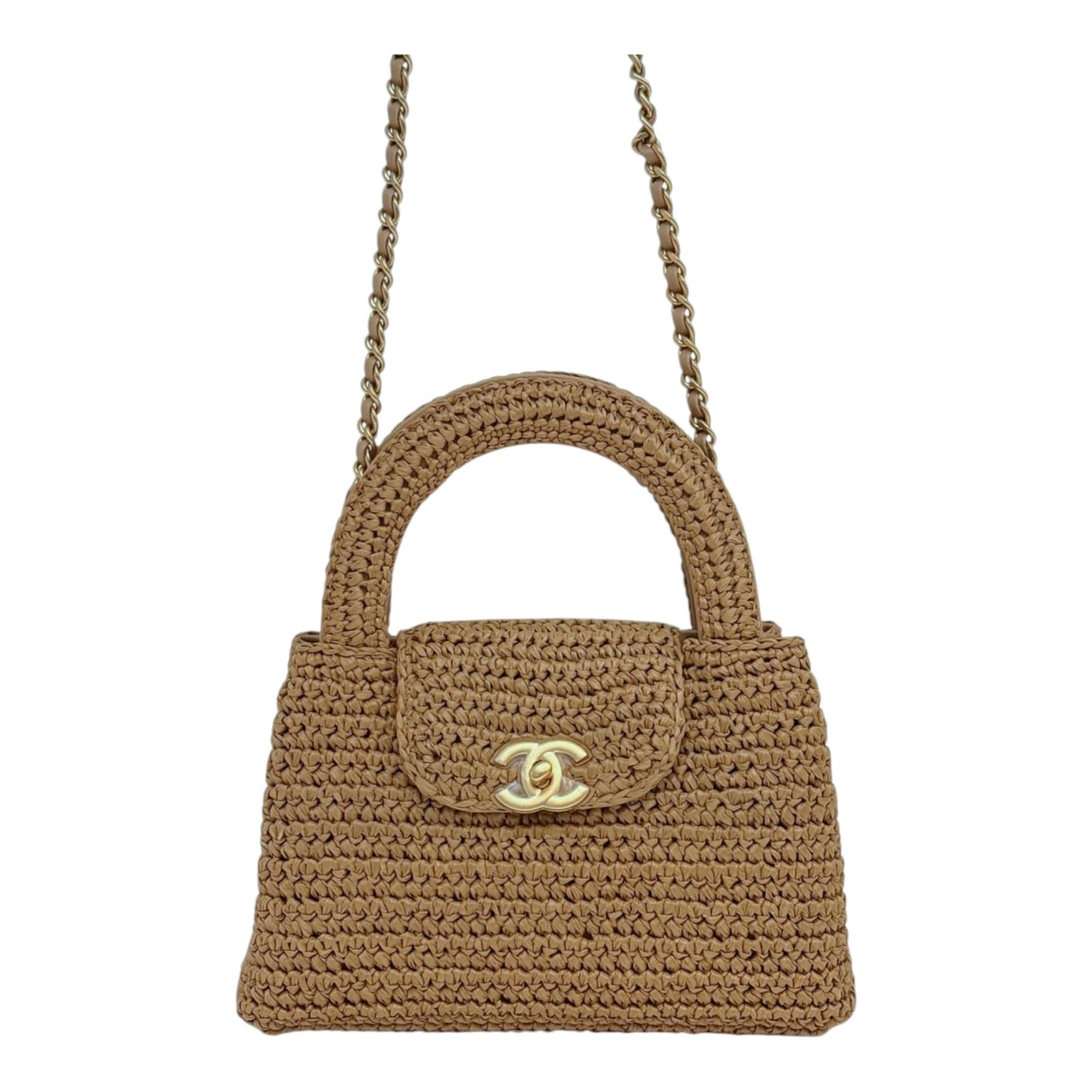 DARK BEIGE BRAIDED RAFFIA MINI KELLY SHOPPING TOTE BAG