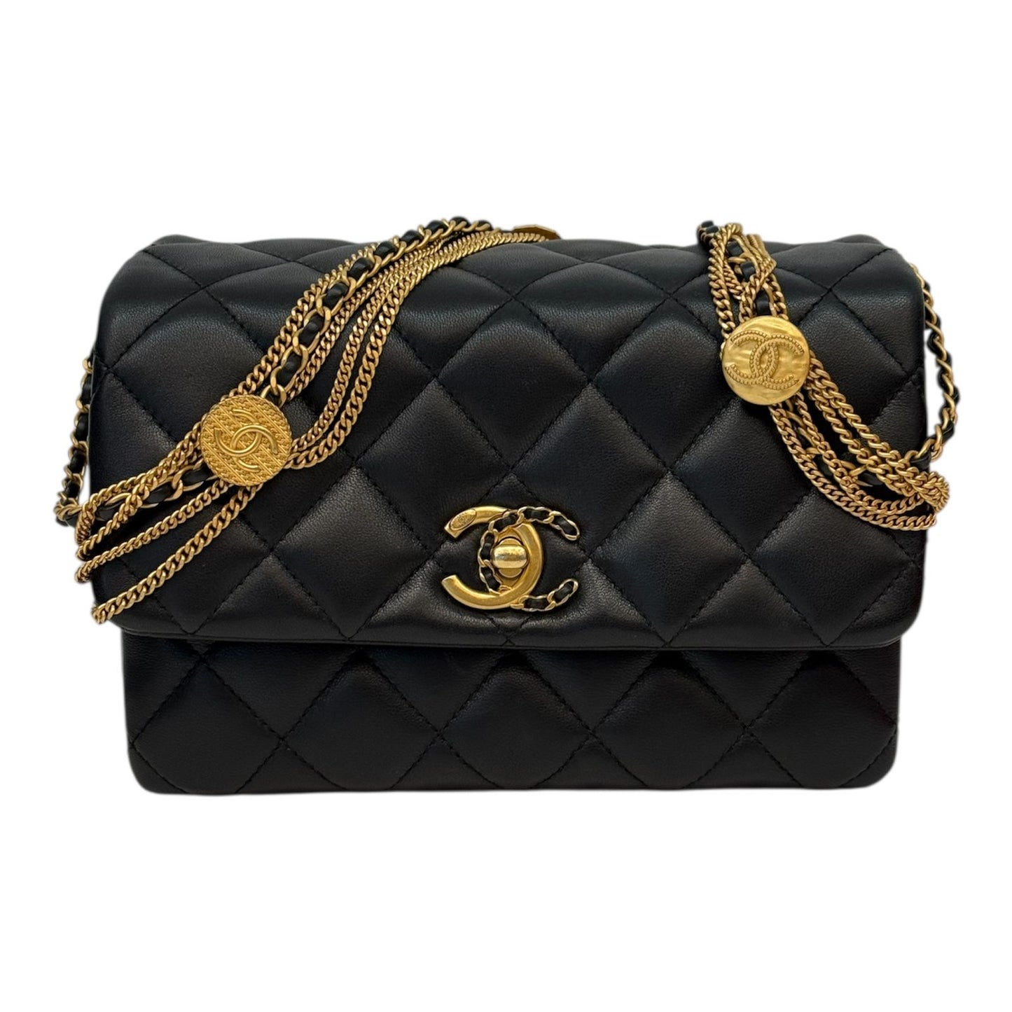 BLACK LAMBSKIN LEATHER MINI MEDALLION MULTI CHAIN FLAP BAG