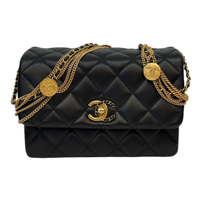BLACK LAMBSKIN LEATHER MINI MEDALLION MULTI CHAIN FLAP BAG