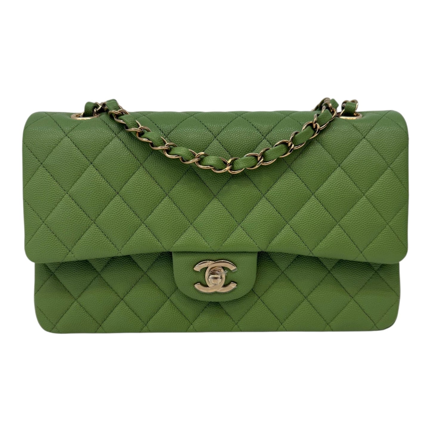 GREEN SHINY CAVIAR MEDIUM CLASSIC DOUBLE FLAP HANDBAG LIGHT GOLD HARDWARE
