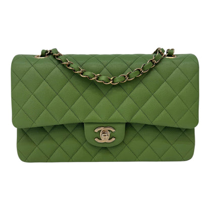 GREEN SHINY CAVIAR MEDIUM CLASSIC DOUBLE FLAP HANDBAG LIGHT GOLD HARDWARE