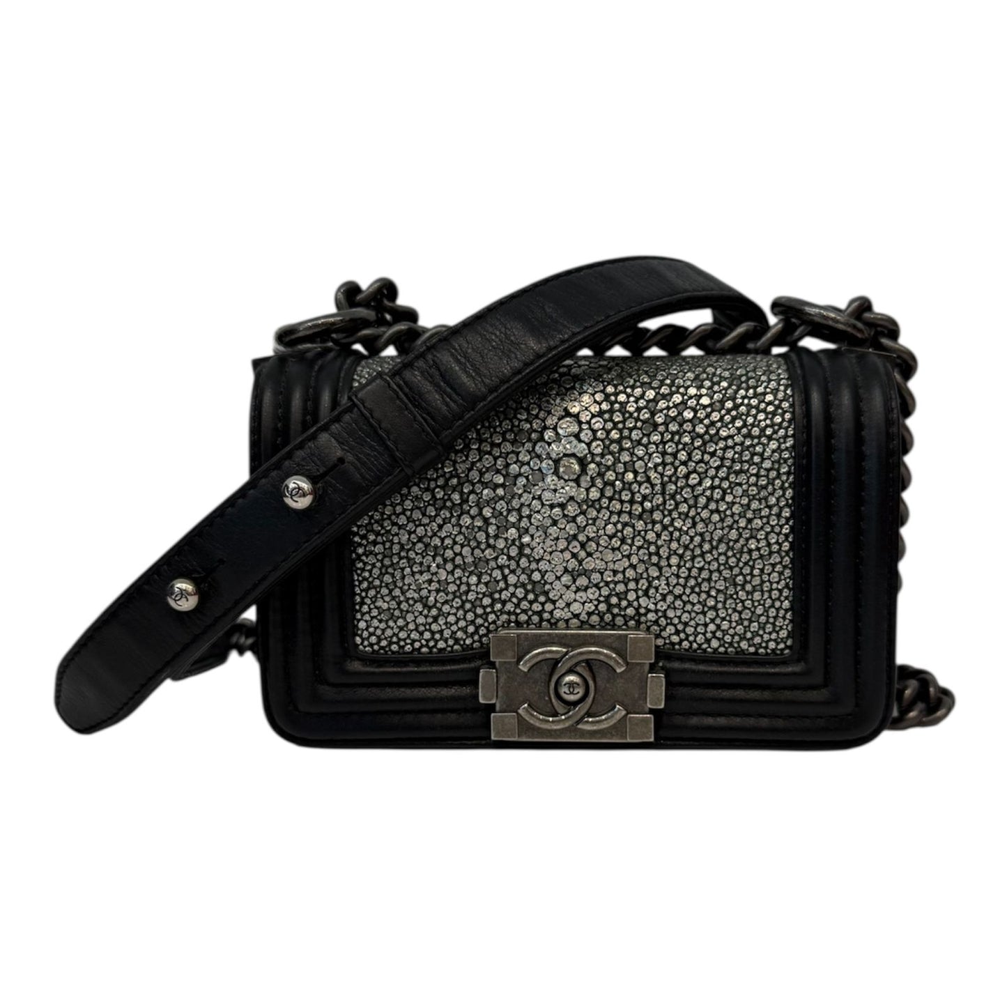 GREY STINGRAY AND BLACK LEATHER MINI BOY FLAP BAG