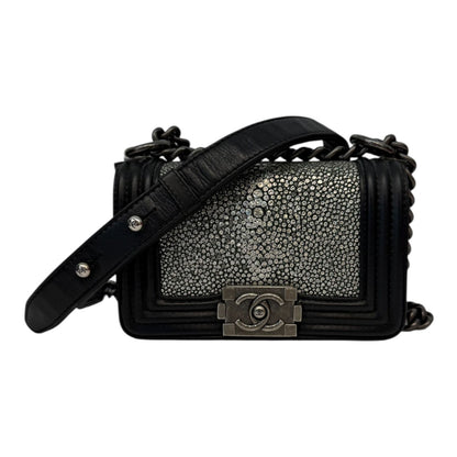 GREY STINGRAY AND BLACK LEATHER MINI BOY FLAP BAG