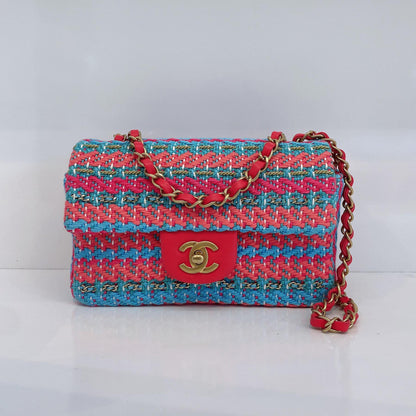 CHANEL RED FUCHSIA BLUE COTTON MIXED FIBERS WOVEN CLASSIC MINI RECTANGULAR FLAP