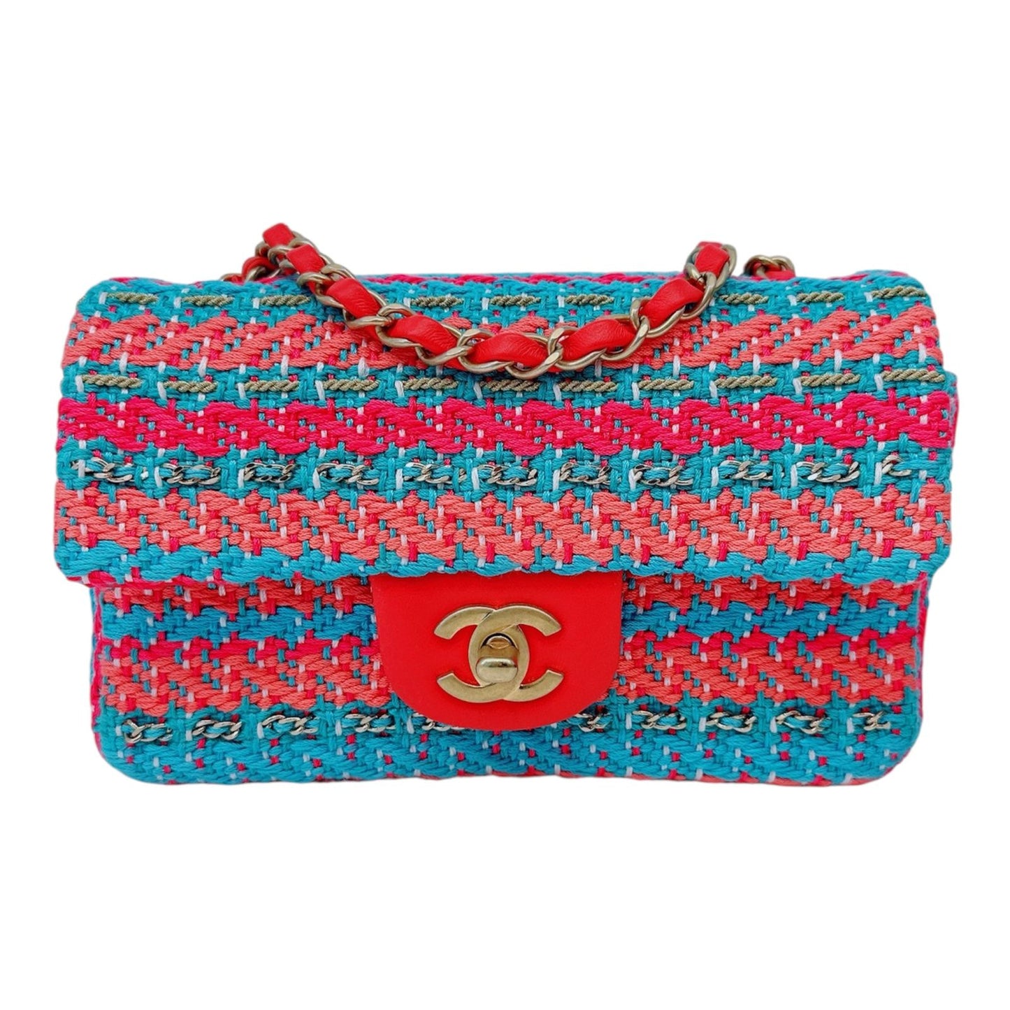 CHANEL RED FUCHSIA BLUE COTTON MIXED FIBERS WOVEN CLASSIC MINI RECTANGULAR FLAP