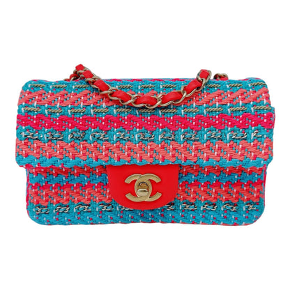 CHANEL RED FUCHSIA BLUE COTTON MIXED FIBERS WOVEN CLASSIC MINI RECTANGULAR FLAP