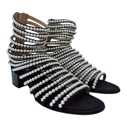 BLACK FAUX PEARL EMBELLISHED GLADIATOR SANDALS 40