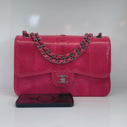 PINK PYTHON LEATHER LARGE JUMBO CLASSIC DOUBLE FLAP BAG