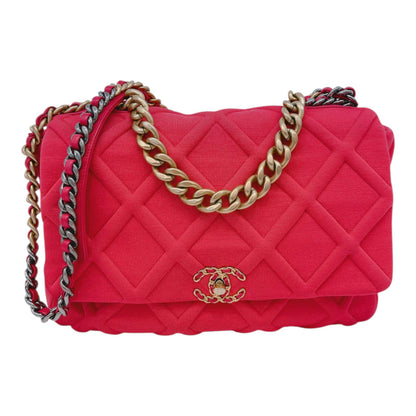 HOT PINK JERSEY QUILTED CHANEL 19 MAXI FLAP HANDBAG