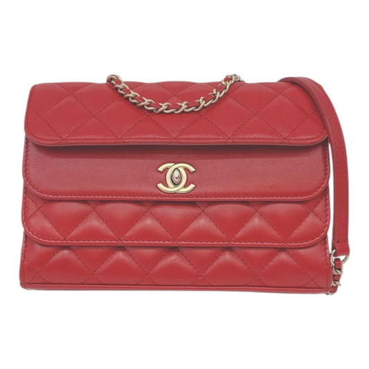 RED QUILTED CALFSKIN LEATHER TRIPLE FLAP BAG