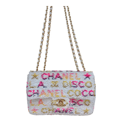 24C WHITE MULTICOLOR SEQUINS LA DISCO MINI FLAP BAG GOLD HARDWARE