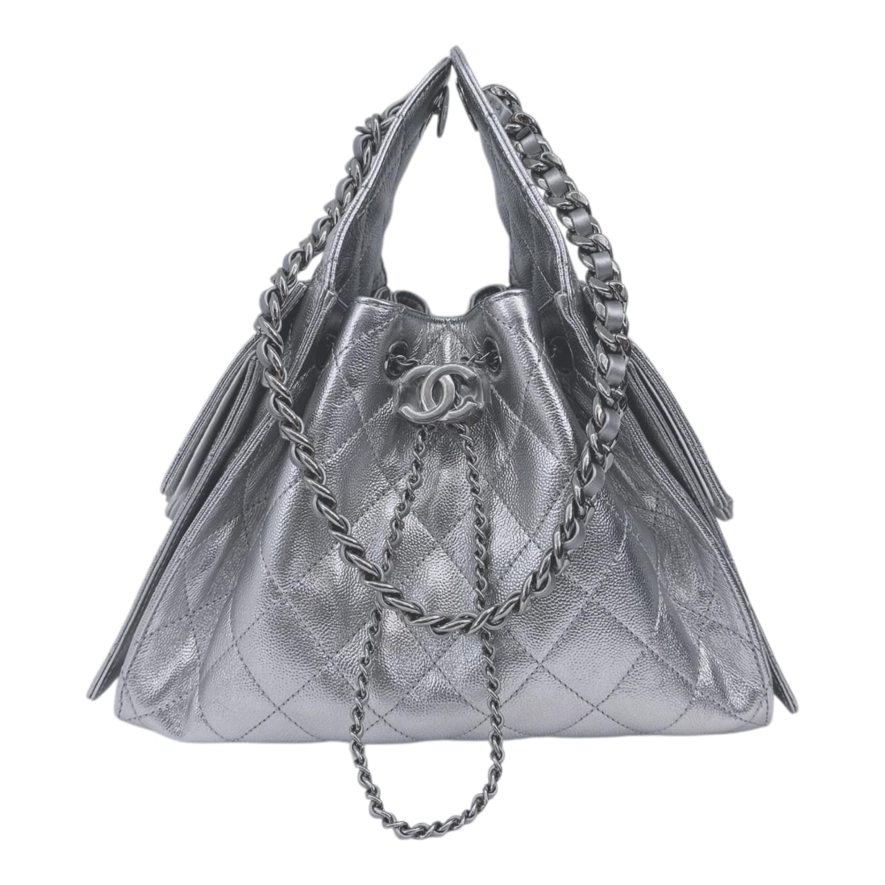 SILVER GRAINED CALFSKIN LEATHER SMALL CHANEL 25 HANDBAG