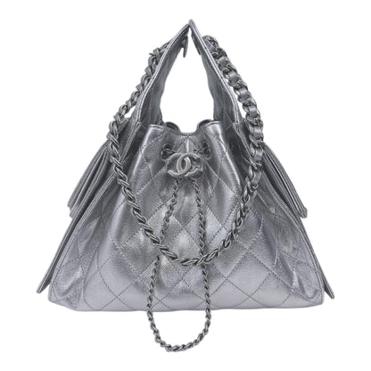 SILVER GRAINED CALFSKIN LEATHER SMALL CHANEL 25 HANDBAG