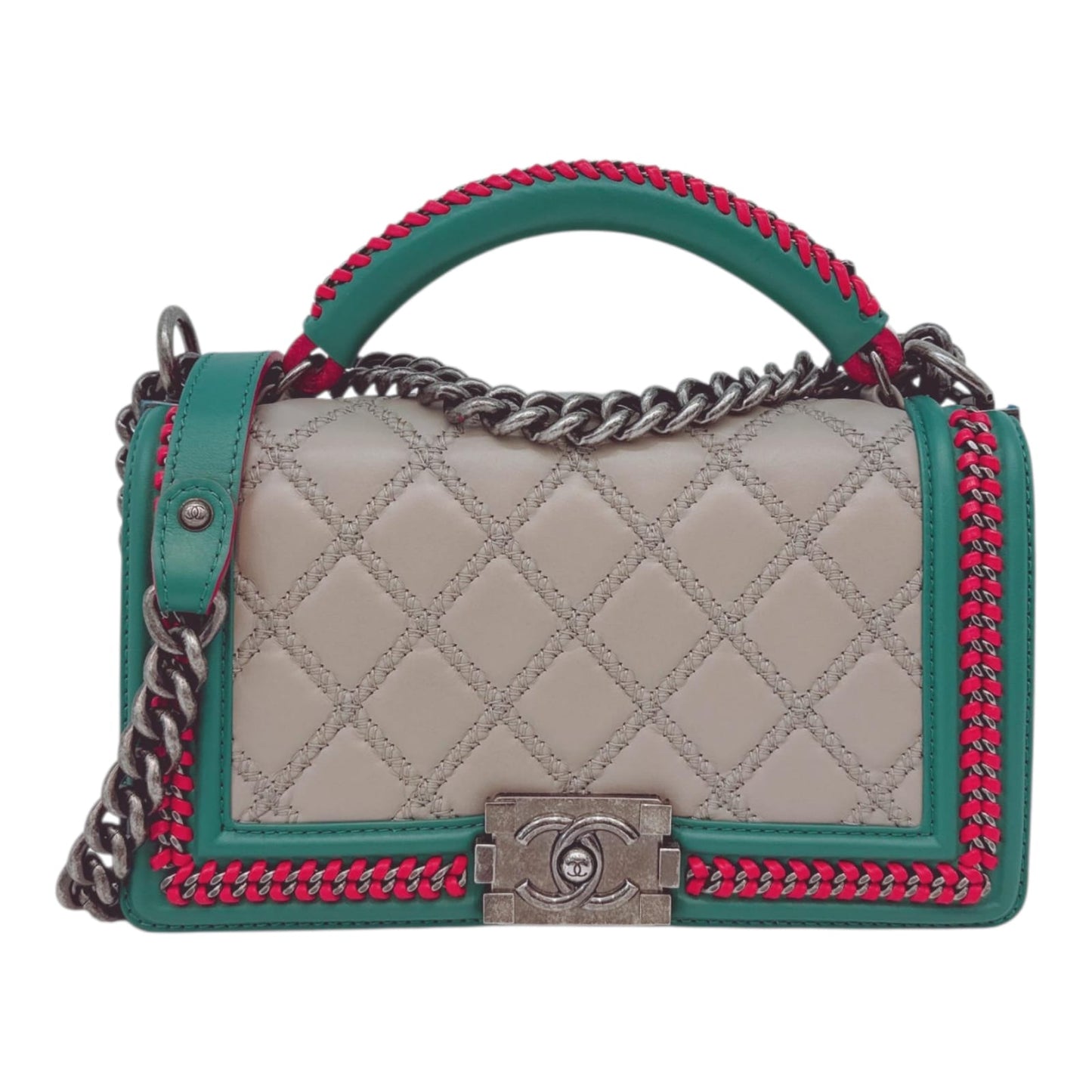 TRICOLOR LAMBSKIN LEATHER MEDIUM BOY TOP HANDLE FLAP BAG