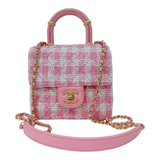 PINK ECRU TWEED HANDLE CRUSH FLAP BAG