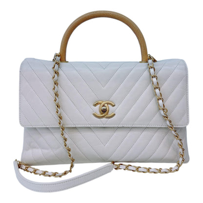 LIZARD COCO TOP HANDLE BAG CHEVRON IN WHITE QUILTED LEATHER