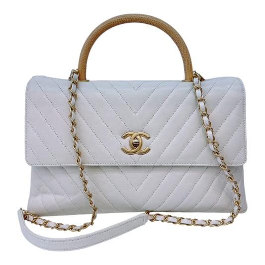 LIZARD COCO TOP HANDLE BAG CHEVRON IN WHITE QUILTED LEATHER