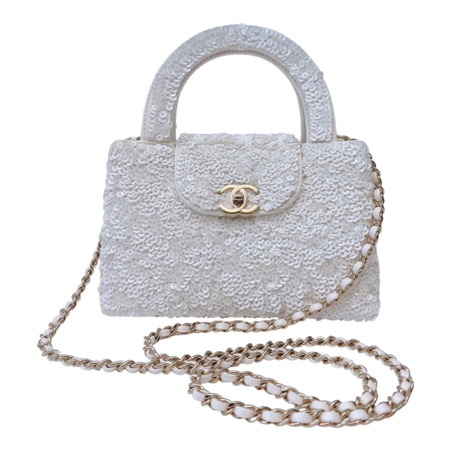 WHITE SEQUINS MINI KELLY SHOPPING BAG