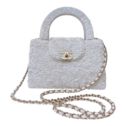 WHITE SEQUINS MINI KELLY SHOPPING BAG