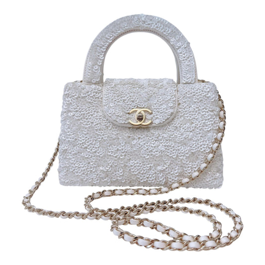 WHITE SEQUINS MINI KELLY SHOPPING BAG