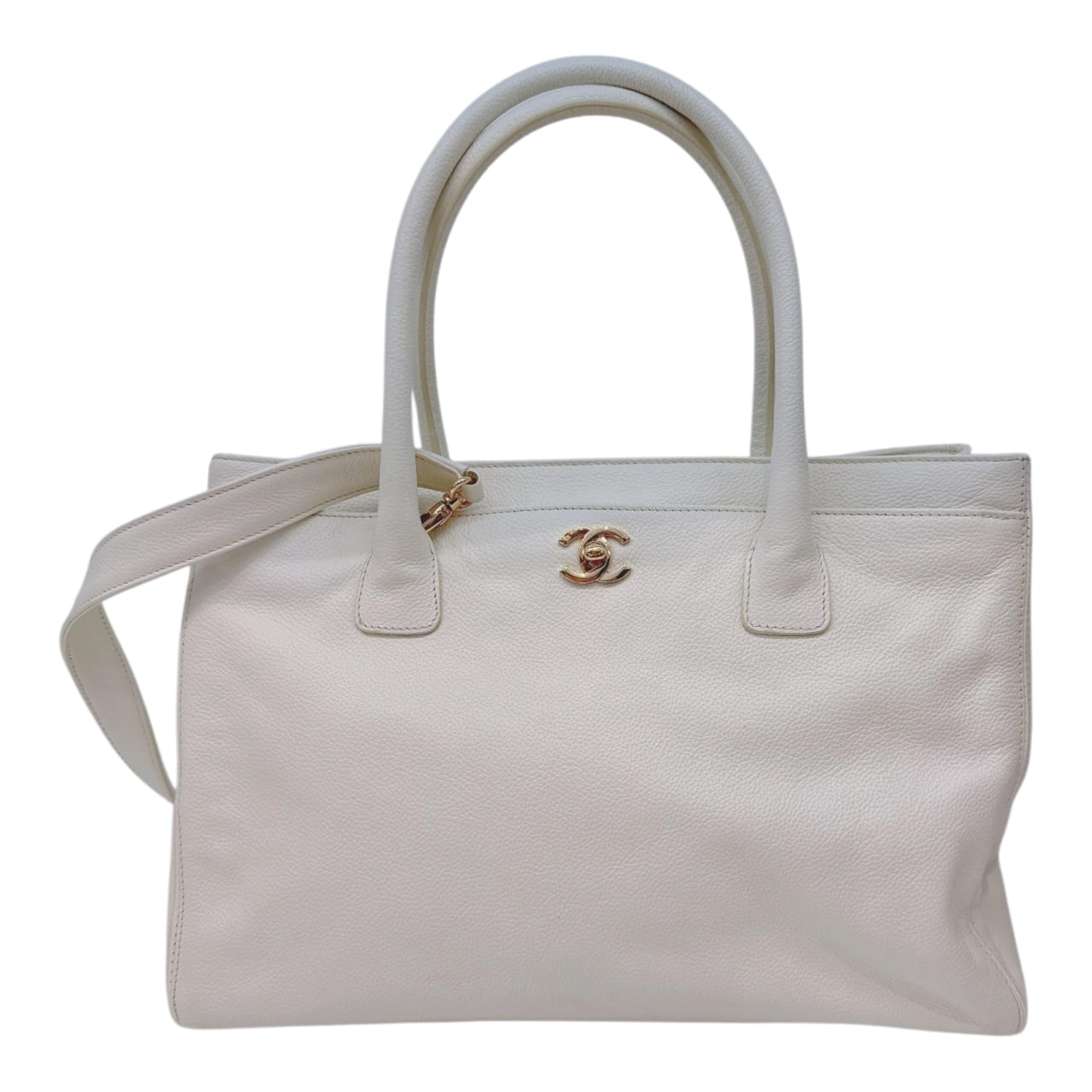 WHITE CAVIAR LEATHER CERF SHOPPER TOTE