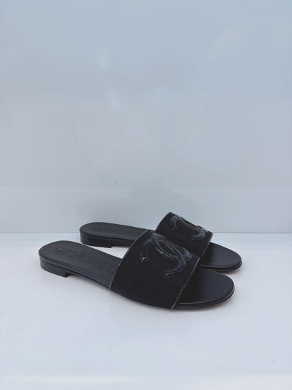 BLACK MESH  MESH LEATHER CC LOGO MULES SLIDES FLATS SANDALS 40C
