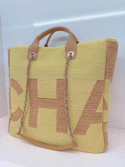 YELLOW TAN RAFFIA MAXI DEAUVILLE SHOPPING TOTE