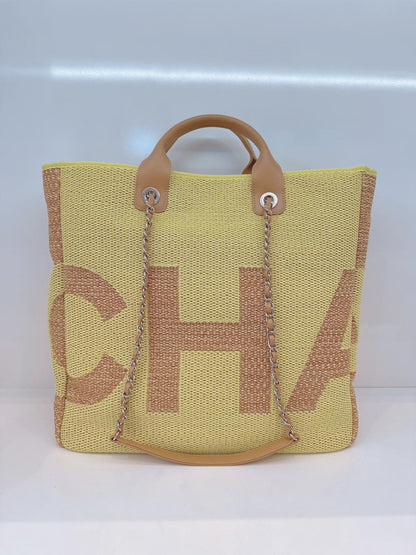 YELLOW TAN RAFFIA MAXI DEAUVILLE SHOPPING TOTE