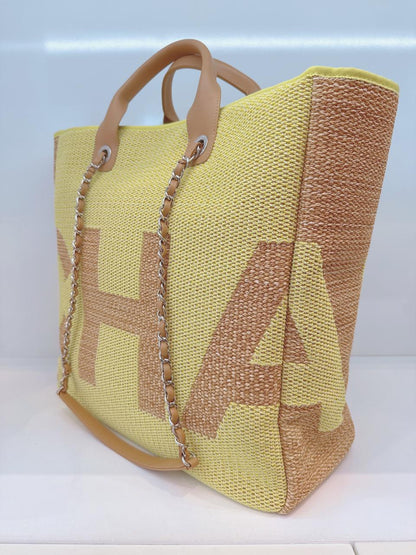 YELLOW TAN RAFFIA MAXI DEAUVILLE SHOPPING TOTE