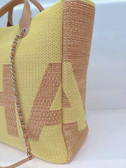 YELLOW TAN RAFFIA MAXI DEAUVILLE SHOPPING TOTE