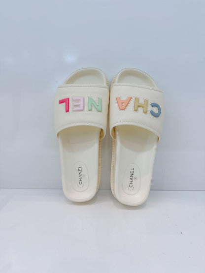 IVORY MULTICOLOR LOGO SLIDE SANDALS 41