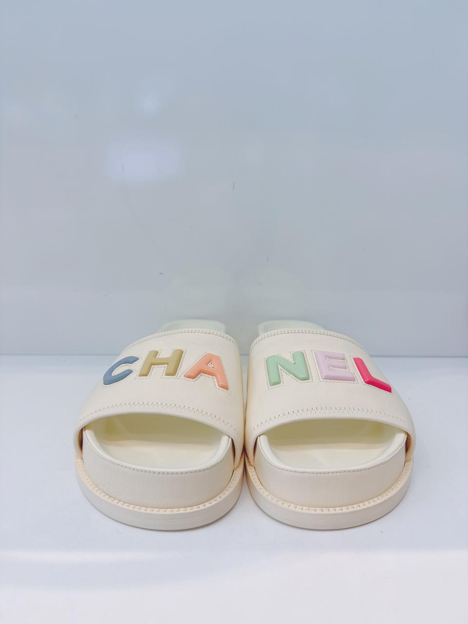 IVORY MULTICOLOR LOGO SLIDE SANDALS 41