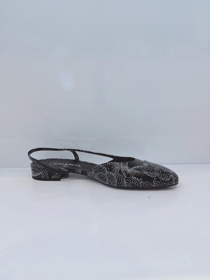 BLACK WHITE CALFSKIN CAMELLIA PRINTED CAP TOE CC SLINGBACK PUMPS 40.5