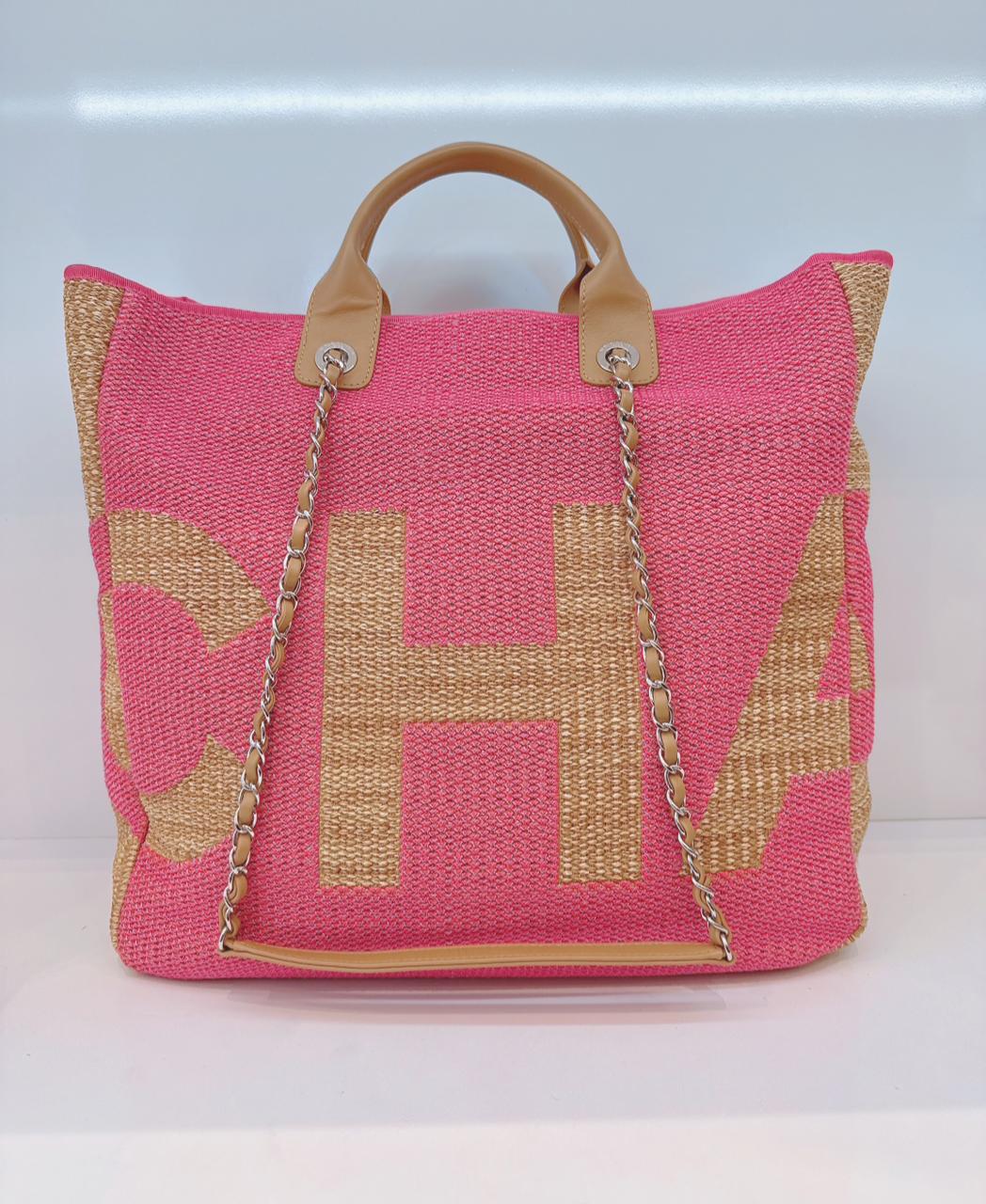 PINK AND TAN RAFFIA MAXI DEAUVILLE SHOPPING TOTE