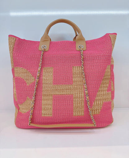 PINK AND TAN RAFFIA MAXI DEAUVILLE SHOPPING TOTE