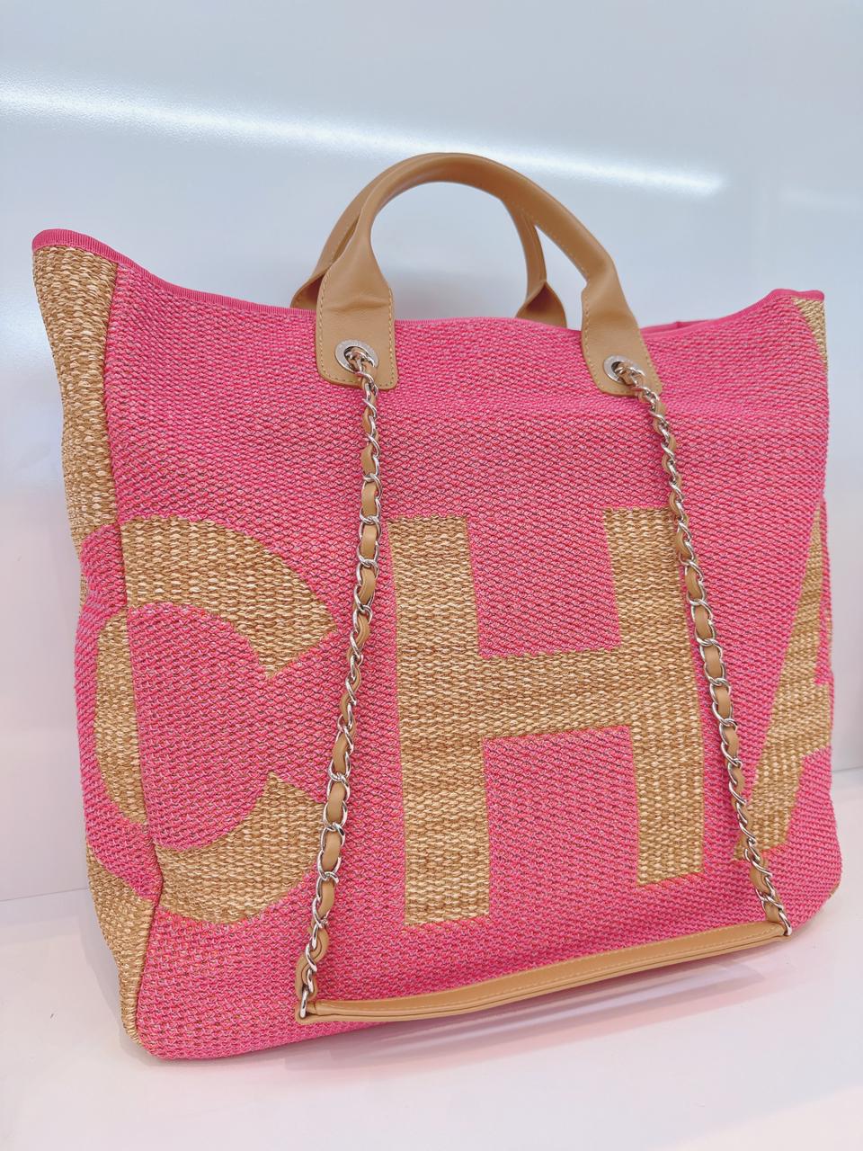 PINK AND TAN RAFFIA MAXI DEAUVILLE SHOPPING TOTE