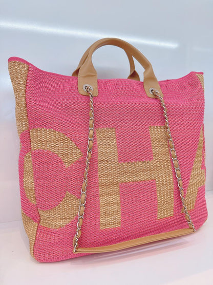 PINK AND TAN RAFFIA MAXI DEAUVILLE SHOPPING TOTE