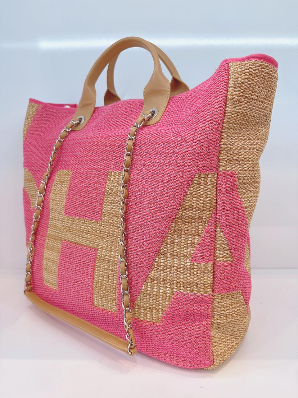 PINK AND TAN RAFFIA MAXI DEAUVILLE SHOPPING TOTE