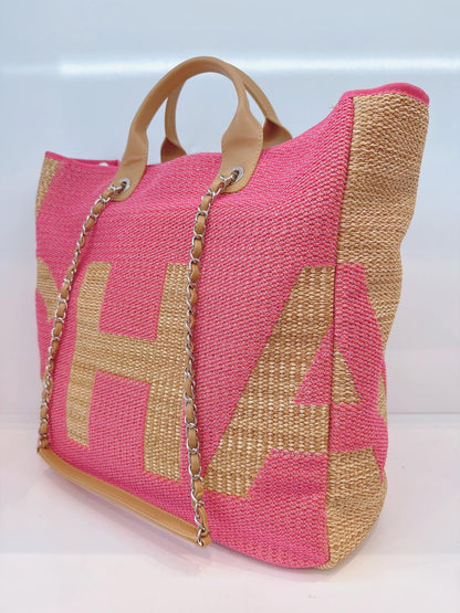 PINK AND TAN RAFFIA MAXI DEAUVILLE SHOPPING TOTE