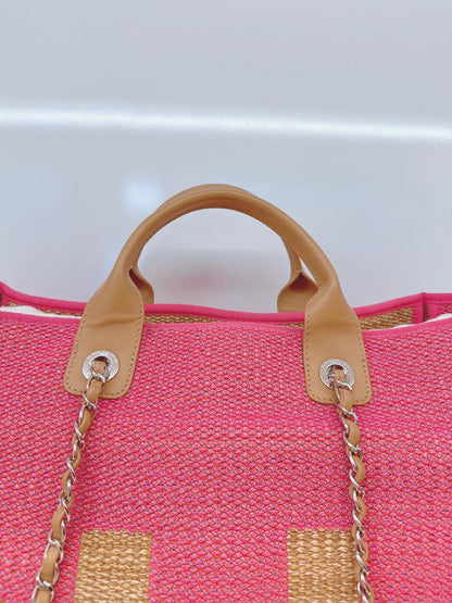 PINK AND TAN RAFFIA MAXI DEAUVILLE SHOPPING TOTE